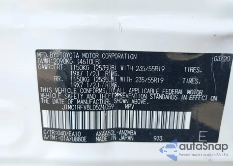 2020 Toyota Rav4 Xle Premium z USA, uszkodzony, nr VIN JTMC1RFV8LD521059